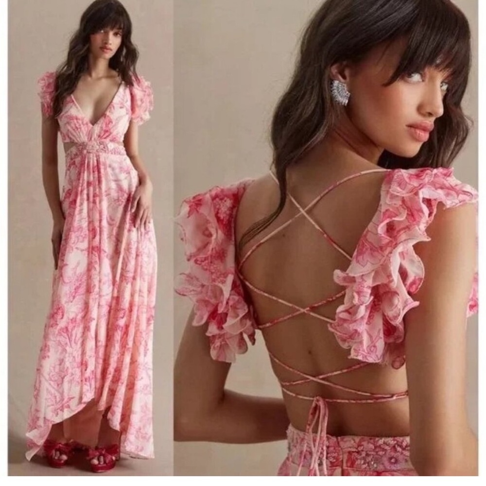 Mac Duggal Pink Floral Ruffle-Back Maxi Dress